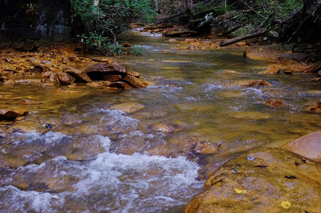 Orange acid mine drainage in a West Virginia stream.